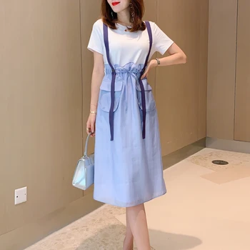 

Runway White Stitching Folds Bow Elegant Temperament Fashion Straps Fake Two-Piece Casual Dress Women'S Spring And Summer