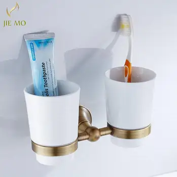 

Antique Cup & Tumbler Holders Brass Antique Toothbrush Holder With Double Ceramics Cups Bathroom Accessories Bath hardware