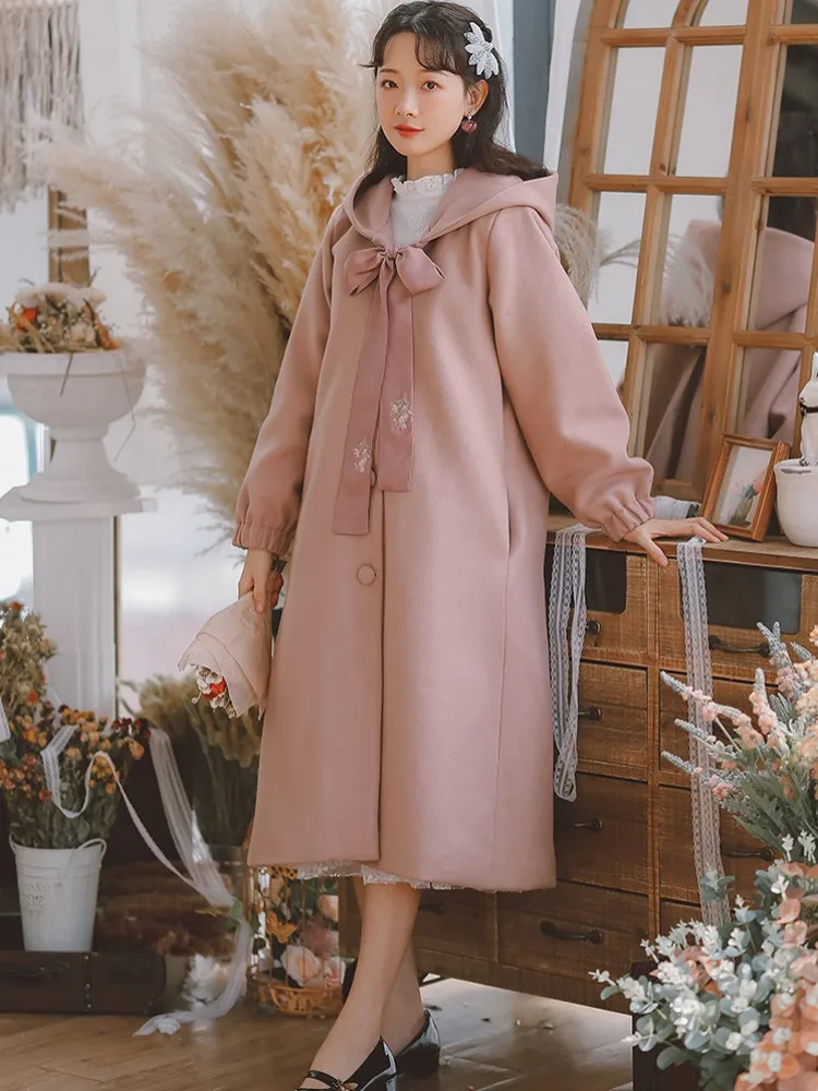 pink Зимнее теплое шерстяное пальто для женщин, толстое, плюс хлопок, верхняя одежда с капюшоном, Harajuku, консервативный стиль, свободное, бант, вышивка, шерстяное пальто - Цвет: pink
