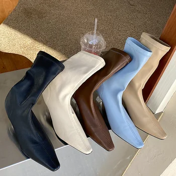 

2020 Winter Trending Women Transparent Heels Fur Boots Pointed Toe Blue Sock Boots Beige Mid-Calf Boots Ladies Valentine Shoes