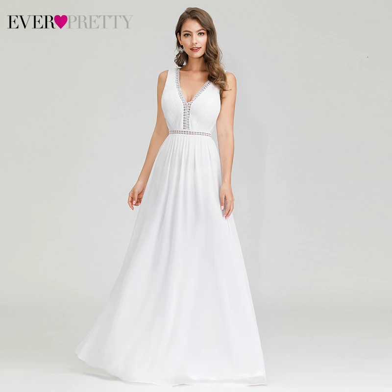 

Sexy Hollow Out Wedding Dresses Ever Pretty EP00899WH A-Line Double V-Neck Sleeveless Ruched Formal Wedding Gowns For Bride 2020