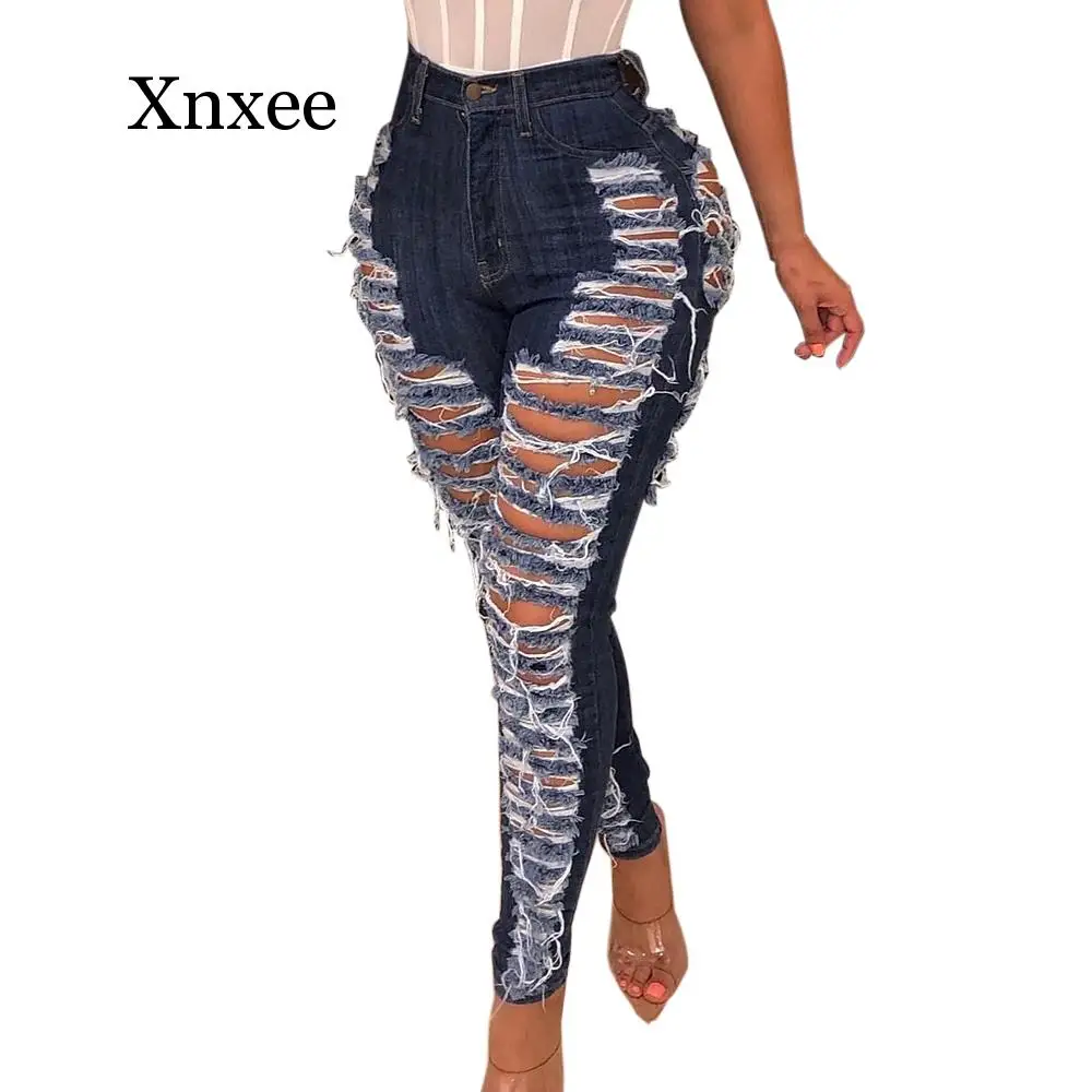 

blue Sexy Ripped Jeans Women long pants Casual Hole High Waist Denim Trouser Femme Hollow Out Skinny Pencil Pants Africa Style