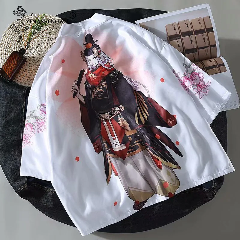 Кардиган с мультяшным принтом Harajuku свободное кимоно Японские кимоно блузки Femme плотные рубашки женские мужские пальто юката - Цвет: Белый