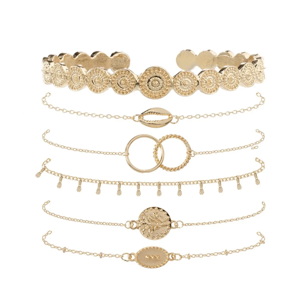 6 шт винтажный двойной круг круглый лист браслет набор оболочка мета Тотем манжета Открытый браслет леди простой богемный Ювелирные изделия, браслет для вечеринки