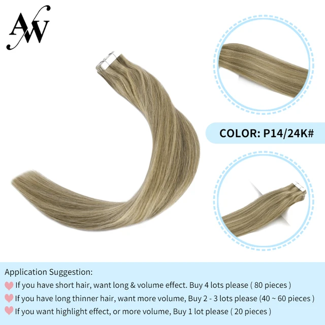 AW 12''-28'' Tape In Human Hair Extensions Straight Seamless Invisible Natural Machine Made Remy Adhesive Glue On Hair Extension P14-24K