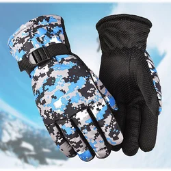 Men Winter Waterproof Thermal Full Finger Gloves Thick Plush Lining Camouflage Print Anti-Slip Palm Adjustable Snow Ski Gloves