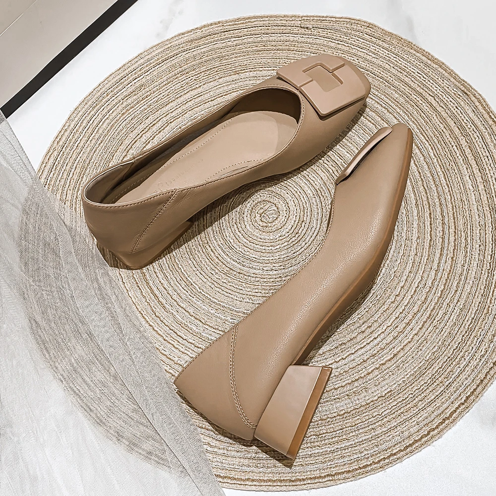 FamtiYaa Genuine Leather Woman Shoes Medium Heel Ladies Women's Shoes Heels Comfort Women Pumps Online Sale Black