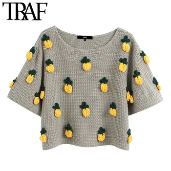 

TRAF Women Fashion Pineapple Pattern Knitted Sweater Vintage O Neck Short Sleeve Female Pullovers Chic Tops