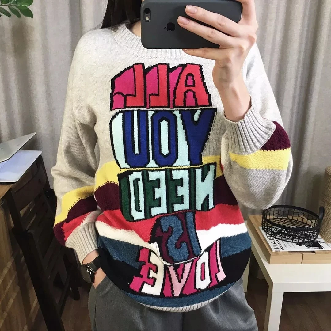 Brand Designer 2021 Fall Winter Sweater Thick Warm Pullovers Fashion Rainbow Letter Jacquard Knitwear Women O Neck Tops C 043
