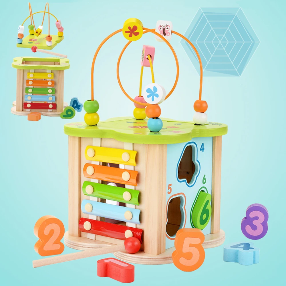 6 in 1 Wooden Building Blocks Activity Cube Bead Maze Multi purpose Educational Toy for Kids 4