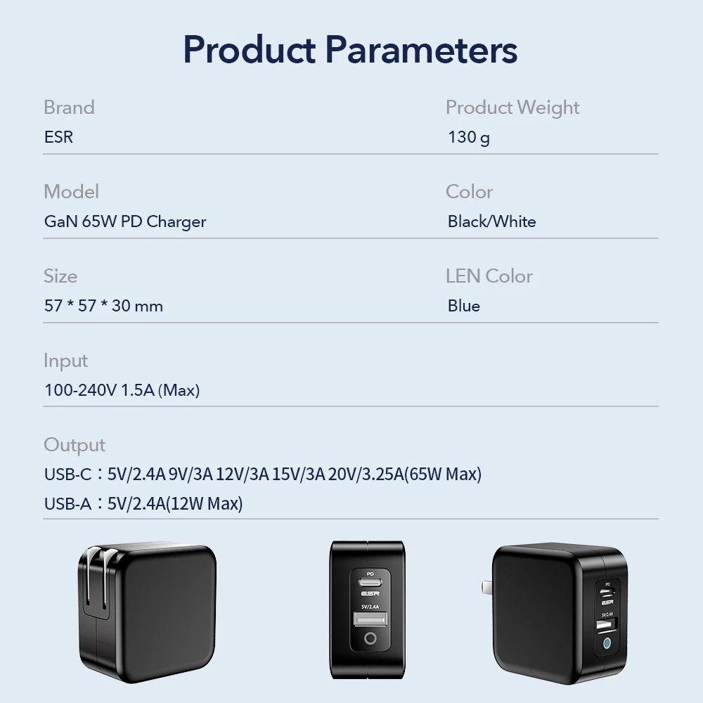 ESR 65W GaN Fast Charger, 2-Ports USB C PD 3.0 Plus USB A - EU plug BrandTech.pk Pakistan