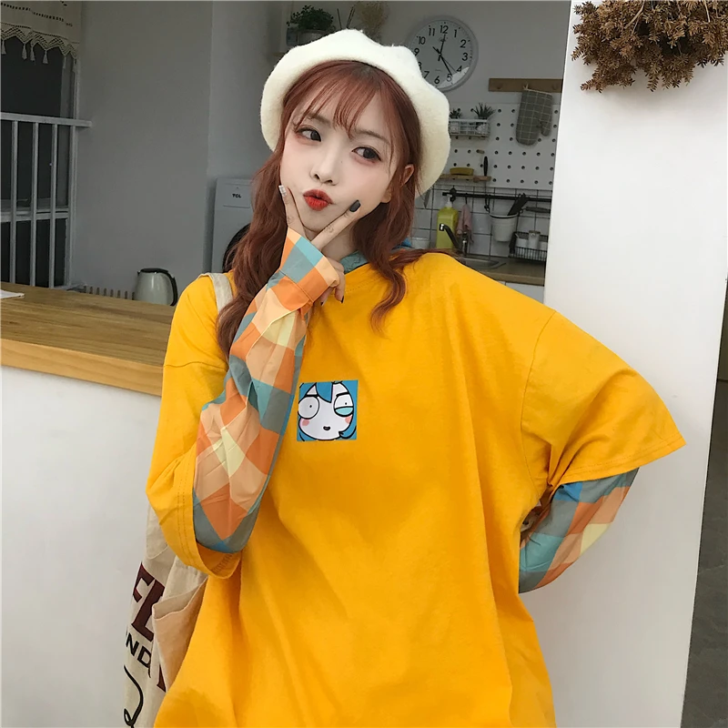 Милый каваи мода Harajuku зима поддельные два женские худи Толстовка с капюшоном индивидуальная Повседневная Свободная Женская одежда с длинными рукавами