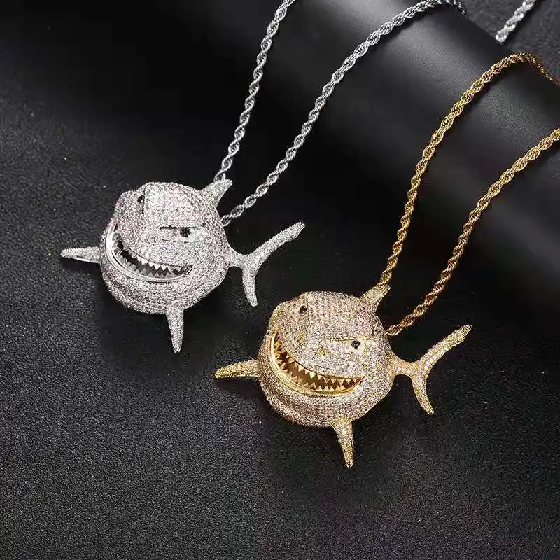 Rock Hip Hop 12mm Cuban Chain Shark Pendant Mens Necklace Iced Out Watch Rhinestone Rapper Chain CZ Bling for Men Jewelry Gifts