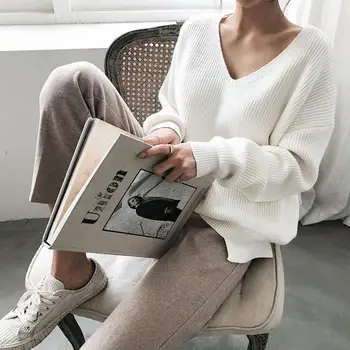 

New 2019 Autumn Winter Women's Sweaters V-Neck Minimalist Tops Fashionable Korean Style Knitting Casual Solid