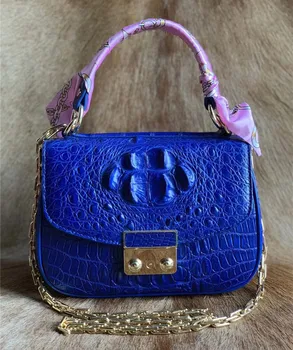

Authentic Exotic Crocodile Skin Lady Blue Purse Genuine Real Alligator Leather Female Small Handbag Women's Single Shoulder Bag