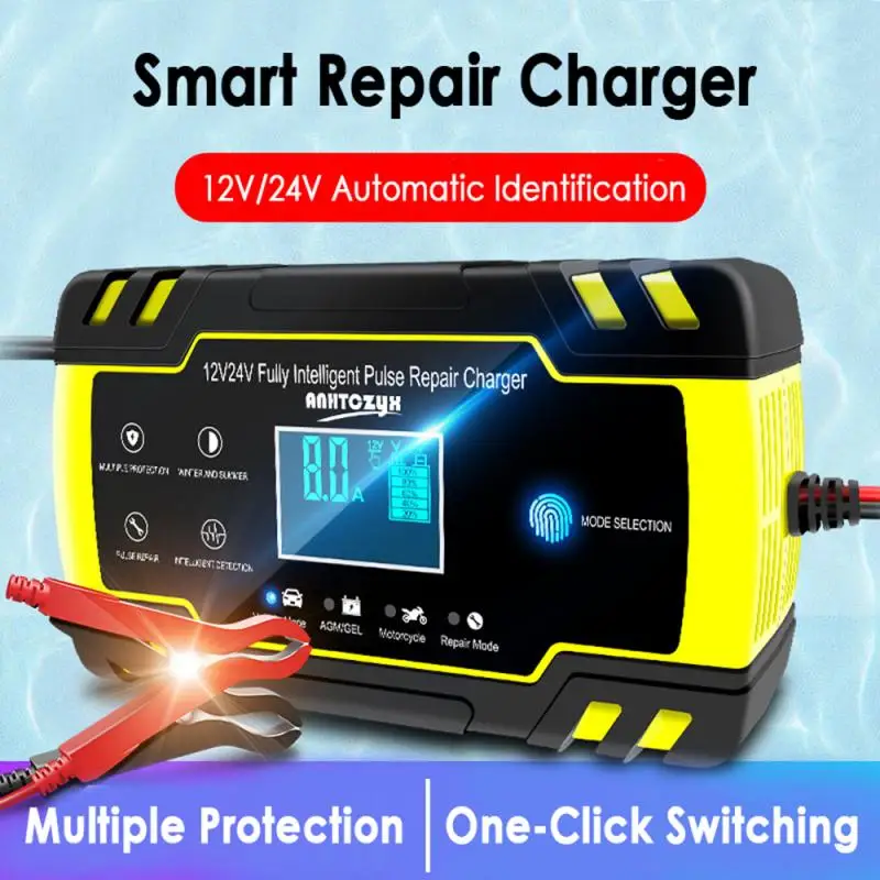 

New Full Automatic Motorcycle Car Battery Charger Pulse Smart Repair AGM GEL WET Lead Acid Battery 12/24V Digital LCD Display