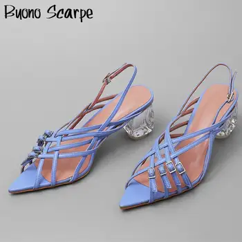 

Crystal Transparent Heel Leather Sandals Metal Buckles Open Toe Women Shoes Summer Lether Belt Clear Heel Party Sandalias Mujer