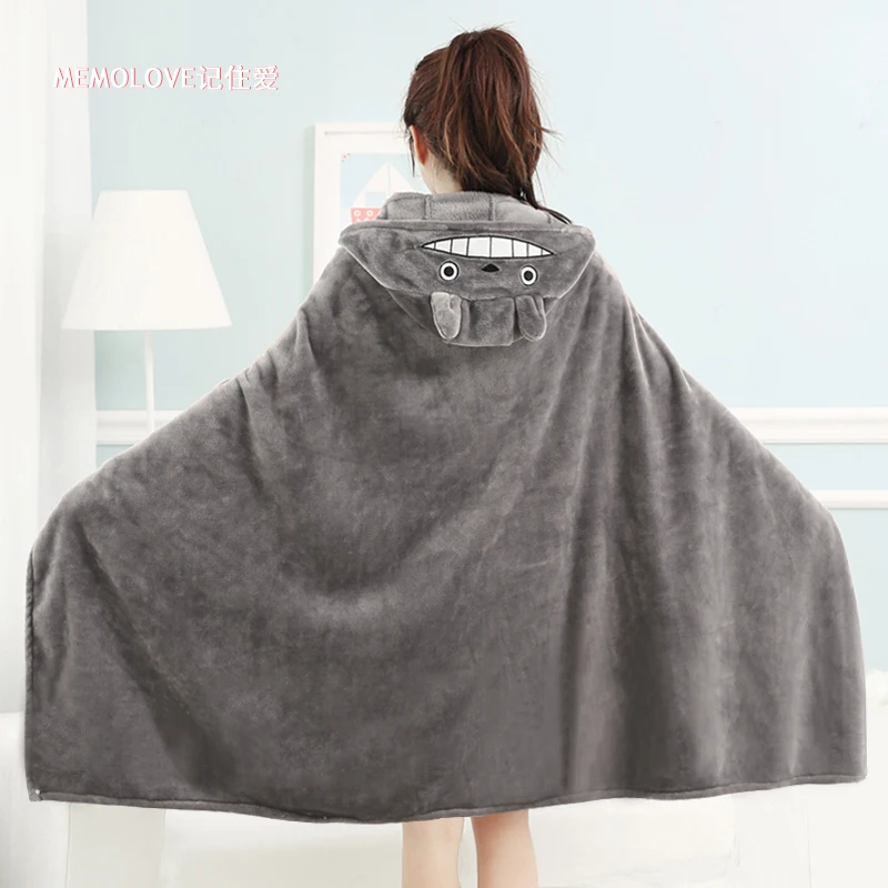 Kawaii 160x90 см, одеяло с капюшоном для взрослых, коралловый флис, мультяшное животное Тоторо, кондиционер, переносное мягкое серое одеяло для кровати - Цвет: Grey