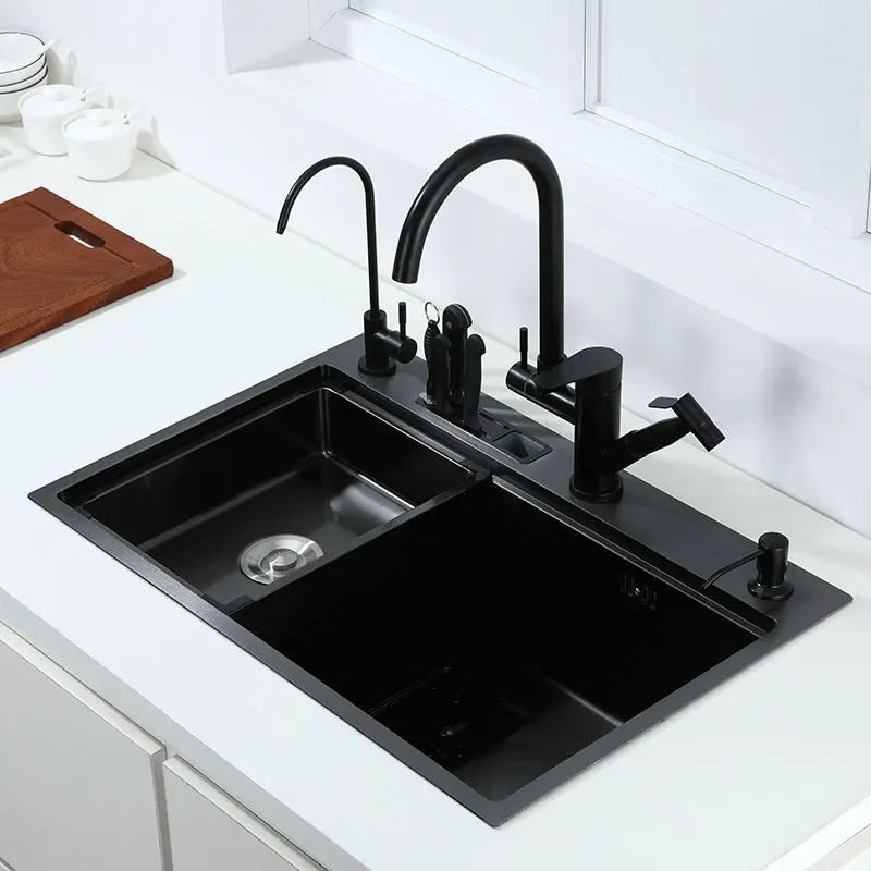 Black single kitchen sink With knife holder vegetable washing basin With cutting board stainless steel pia black sink 4