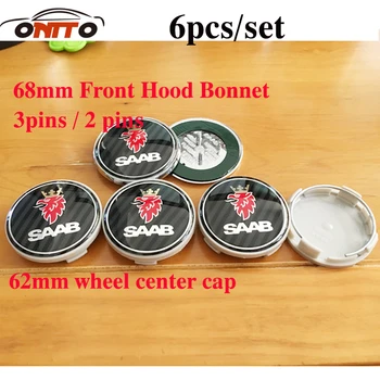 

Carbon fiber black 6pcs 68mm car Front Hood Emblem Rear Trunk Badge for Saab Cap 62mm Car Wheel Hub caps