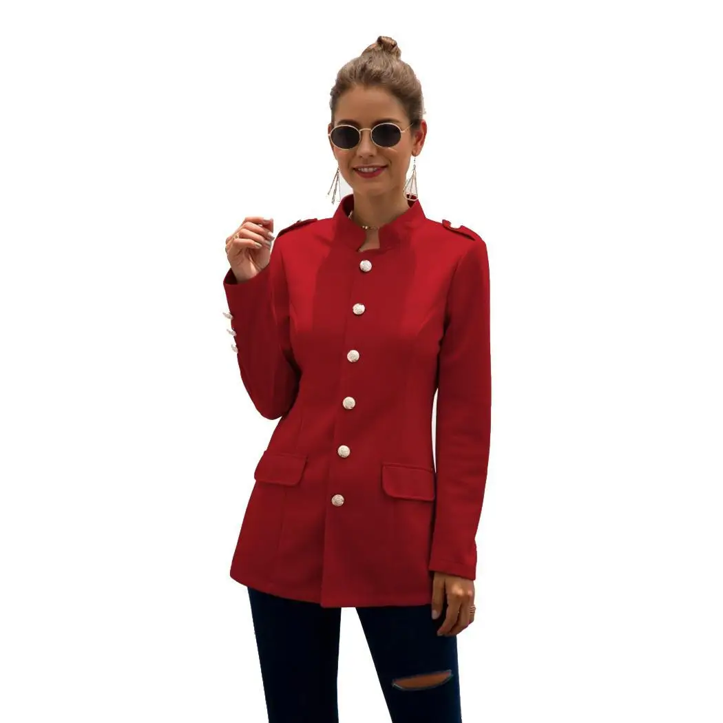 Женская мода Slim Fit одна грудь Кнопка стенд Повседневный воротник карманы повседневный костюм пиджак однотонный осенний