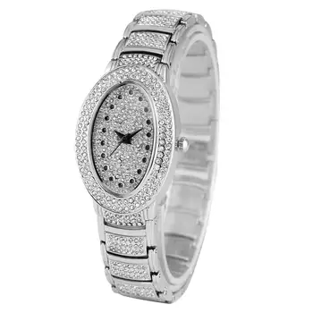 

Exquisite Oval Quartz Watch Movement for Women Noble Silver Strap with Bracelet Clasp Stylish Diamond-encrusted Wrist Watch