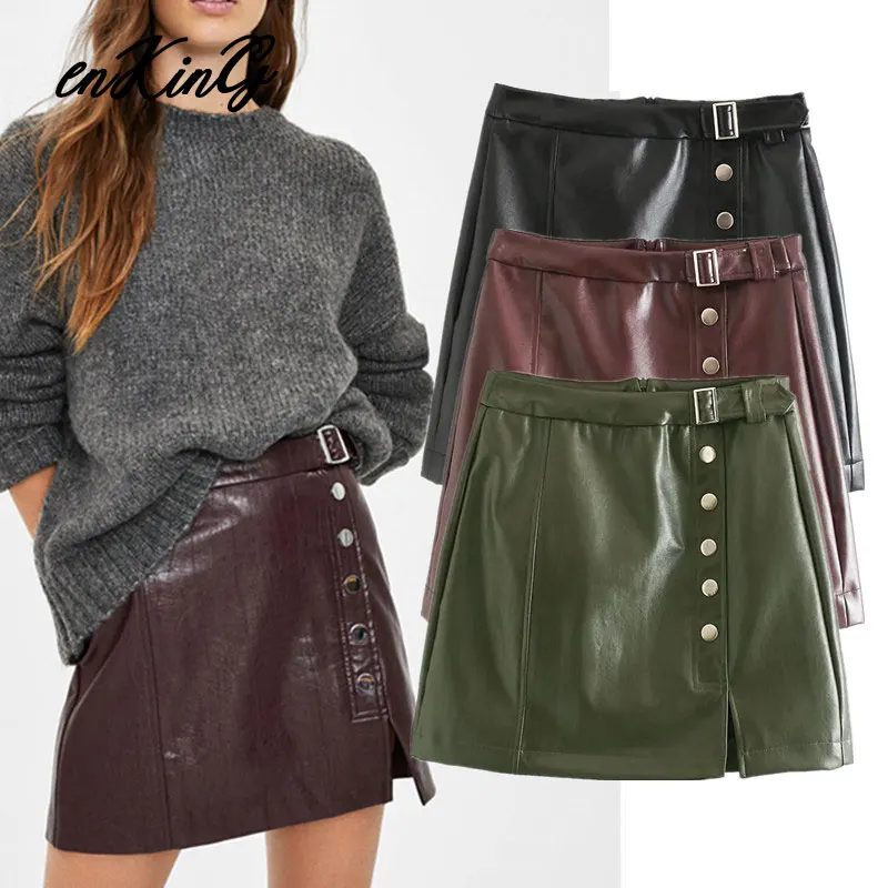 

2019 women chic PU leather mini skirt button decorate back zipper A line basic female casual skirts mujer