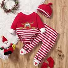 Ensemble de vêtements de noël pour bébé de 0 à 18 mois, 3 pièces, barboteuse rayée, pantalon, chapeau, en coton, nouvelle collection 