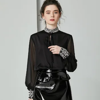 

black chiffon floral silk blouse for women high quality long sleeve plus size sexy office dress shirts clothes dropshipping