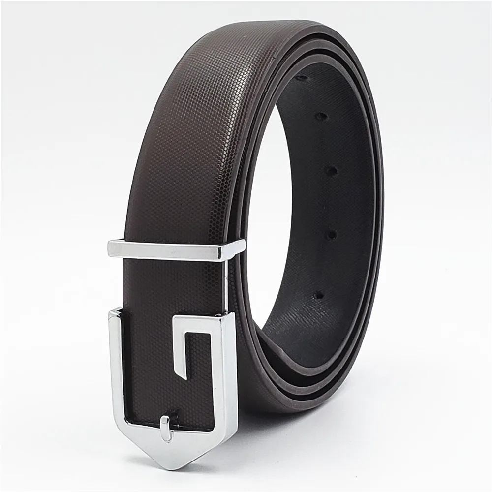 50PCS Designer G Buckle Genuine Leather Belts For Men Women Fashion Business Casual Belt Luxury Strap Smooth Buckle Waistband - Color: Silver Coffee