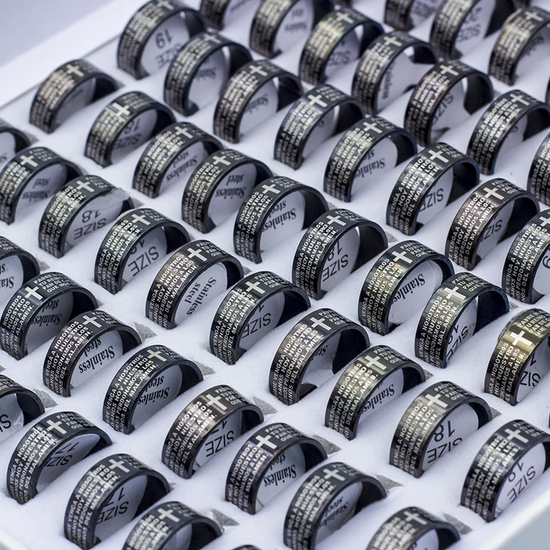8MM Brand New 50PCS/Lot English Jeremiah Prayer Stainless Steel Etching Polished Band Cross Rings Wholesale Gifts