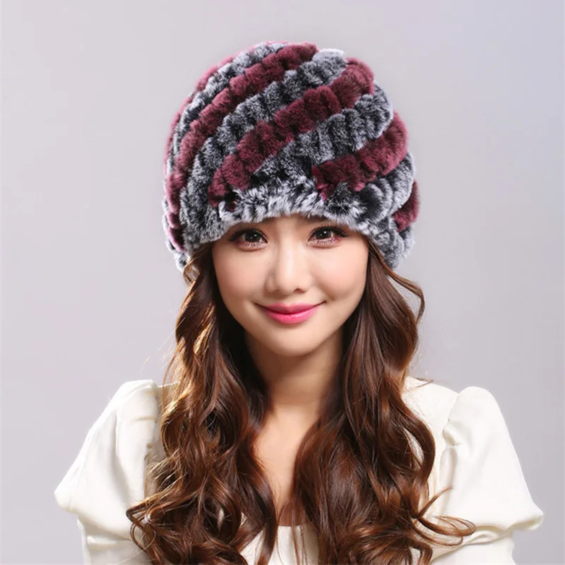 Зимняя теплая шапка женская вязаная шапка из кроличьего меха - Цвет: purplish red grey