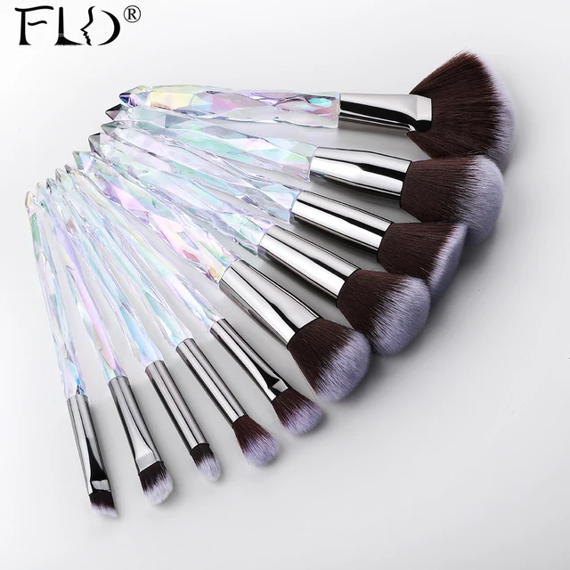 Fld 10 pçs conjunto de escovas de maquiagem de cristal pó fundação ventilador escova sombra de olho sobrancelha profissional blush maquiagem escova ferramentas