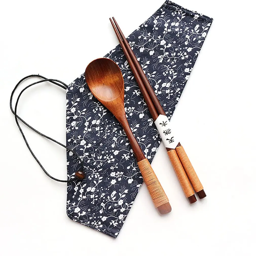 

Wooden Cutlery Set Travel Utensils Set Eco Friendly Reusable Flatware Fork Spoon Chopsticks Portable Pouch