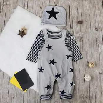 

Toddler Baby Boys Clothes Set Lovely Striped Long Sleeve Daily Leisure Comfort Soft Tops and Print Romper and Hat Suit