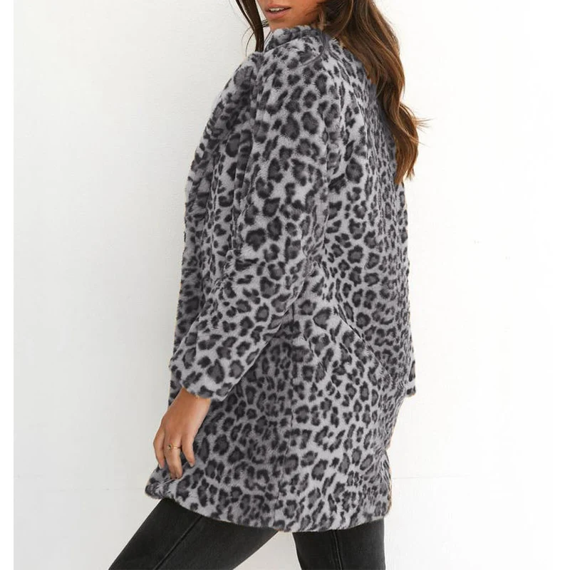 Fashion Winter Clothes Leopard Open Stitch Loose Comfortable Outerwear Casual Long Womens Jackets and Coats