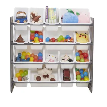 

Rounded Corners Wooden Kids' Toy Storage Organizer with 16 Removable Plastic Bins X-Large Gray & White