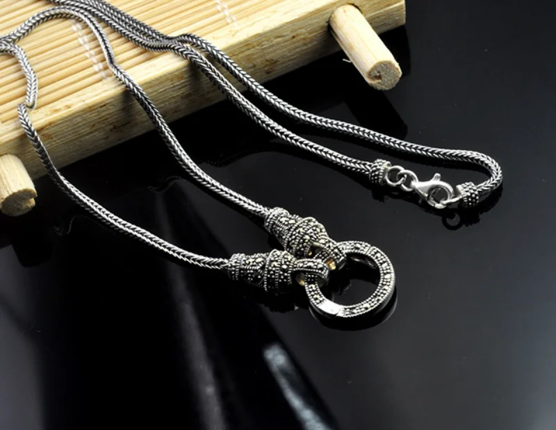 Real Silver Long Chain Retro Necklace Women S925 Sterling Silver Marcasite Stone Pendant Necklace Thai Silver Necklace Jewelry