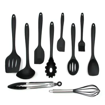 

10pcs Silicone Non-stick Cooking Spoon Spatula Ladle Egg Beaters Utensils Dinnerware Set Kitchen Cooking Tool Accessories Black