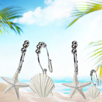 

12pcs Decorative Mini Stainless Steel Modern Double Rings Shower Curtain Hook Bedroom Home Accessories Seashell Shape Rustproof