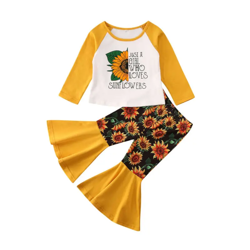 

1-5Y Infant Kids Baby Girl Clothes Sets Sunflower Print Tops+Ruffle Pants Leggings 2Pcs Outfit Clothes