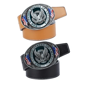 

Luxury Fiber Leather Belt American Soaring Eagle USA Flag Cowboy Fashion Waist Belt Adjustable Length