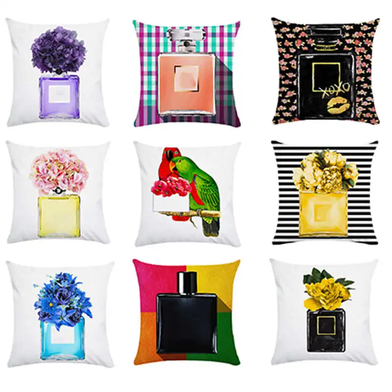 

New Hand Painted Flowers Perfume Bottles Cushion Cover Polyester Cotton 45X45CM Pillowcase Home Decorative Throw Pillow Covers