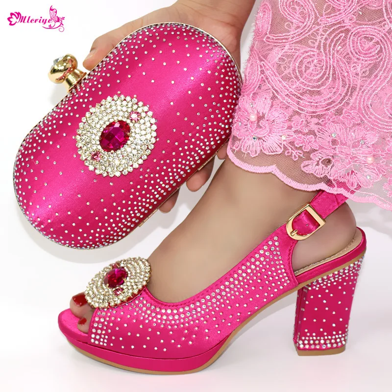 

Mid heel handwork rhinestone shoes free shipping Italian shoes and bags matching set in wedding and party good quality fuchsia