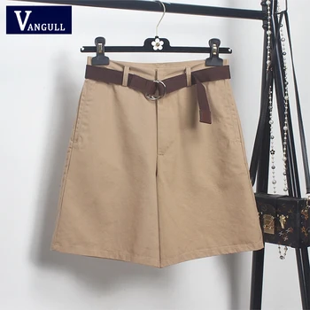 

Vangull Women Summer Suit wide-leg shorts Solid Casual Loose Plus size High waist shorts with sashes Basic Straight Knee shorts