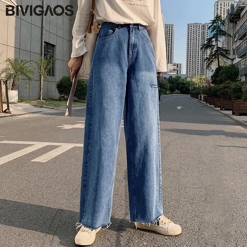 Vintage Blue-Ripped BIVIGAOS Осень Новые Мода и досуг широкие джинсы женские свободные Ретро Высокая талия прямые джинсовые штаны с дырками брюки бойфренд джинсы для женщин долго брюки - Цвет: Vintage Blue-Ripped