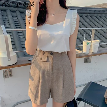 

MATAKAWA Versatile Square Collar Leaky Clavicle Stitching Fungus Blouses + Retro High Waist Straight Tube Casual Shorts