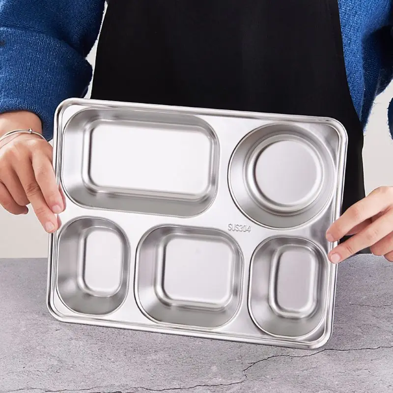 Stainless Steel Divided Dinner Tray Lunch Container Plate for School Canteen 3/5/4 Section