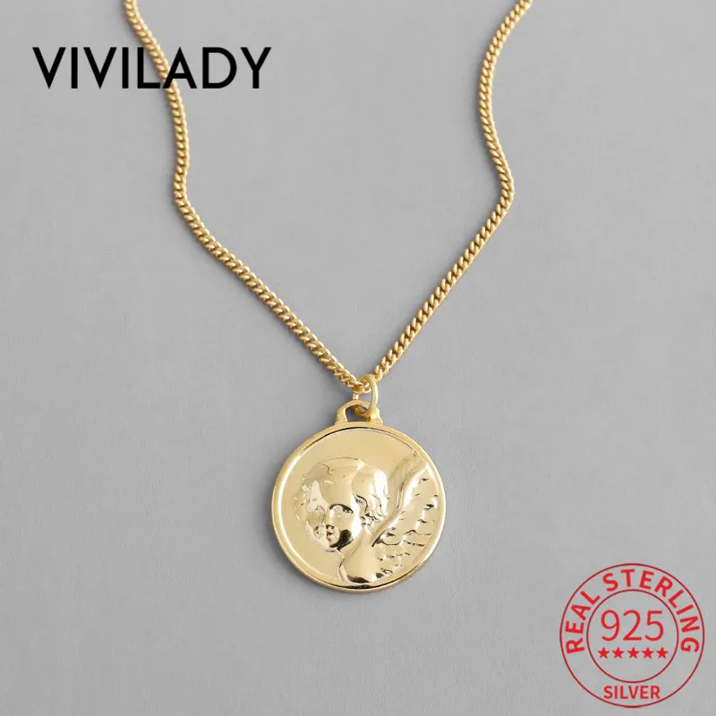 VIVIADY, 925 пробы, серебряное, милое, круглое, Амура, ангел, тиснение, свисает, женское ожерелье с кулоном, Трендовое, женское, на Рождество, ювелирное изделие, подарок