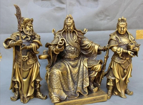 930++ 1" Китайский Бронзовый известных Warrior 3 GuanGong GuanYu Бог GuanPing ZhouCang статуя